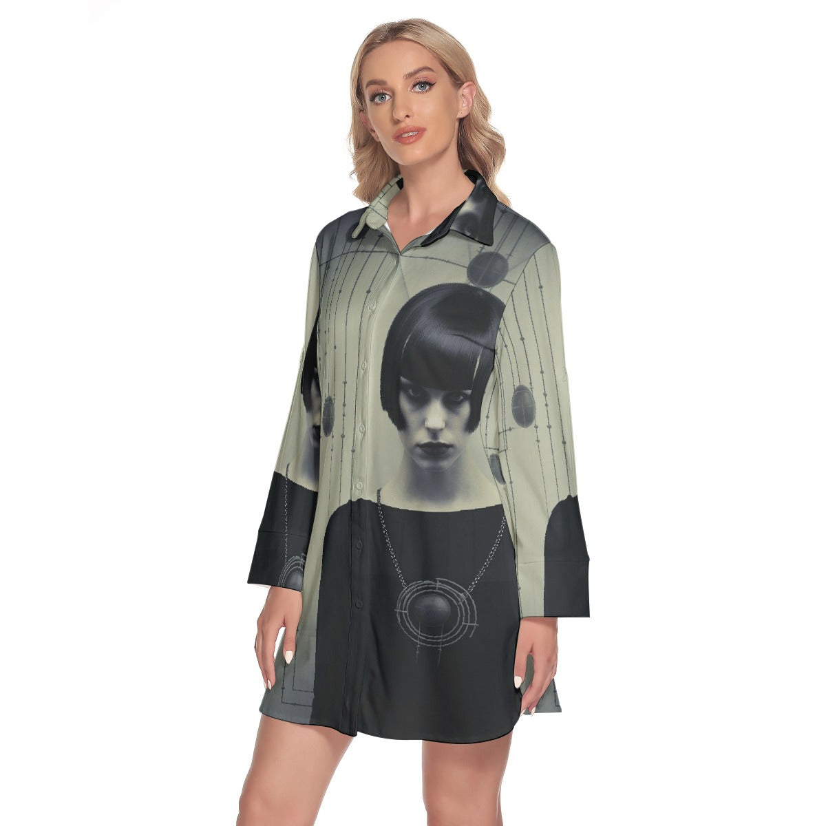 All-Over Print Women's Lapel Shirt Dress With Long Sleeve