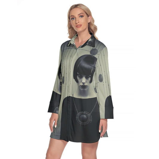 All-Over Print Women's Lapel Shirt Dress With Long Sleeve