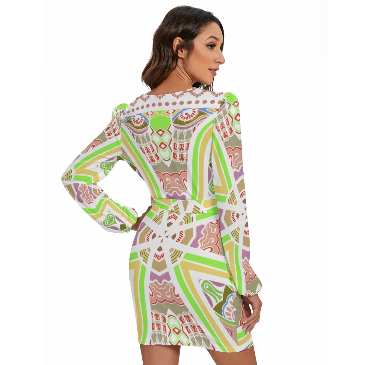 All-Over Print Women's Long Sleeve Dress With Waist Belt