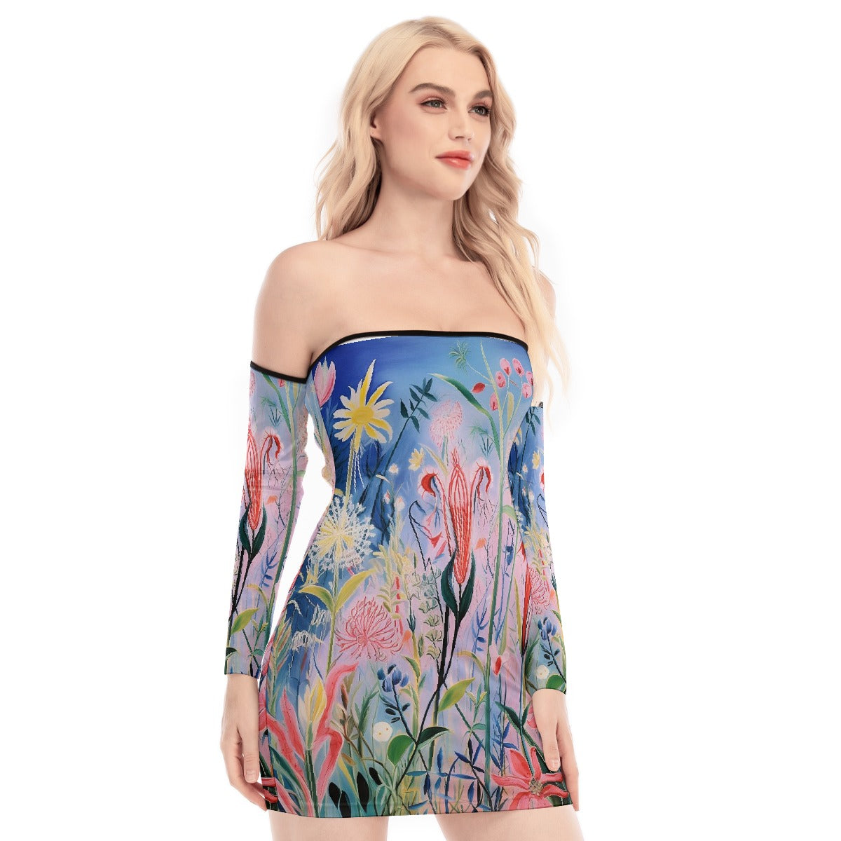 All-Over Print Women's Off-shoulder Back Lace-up Dress