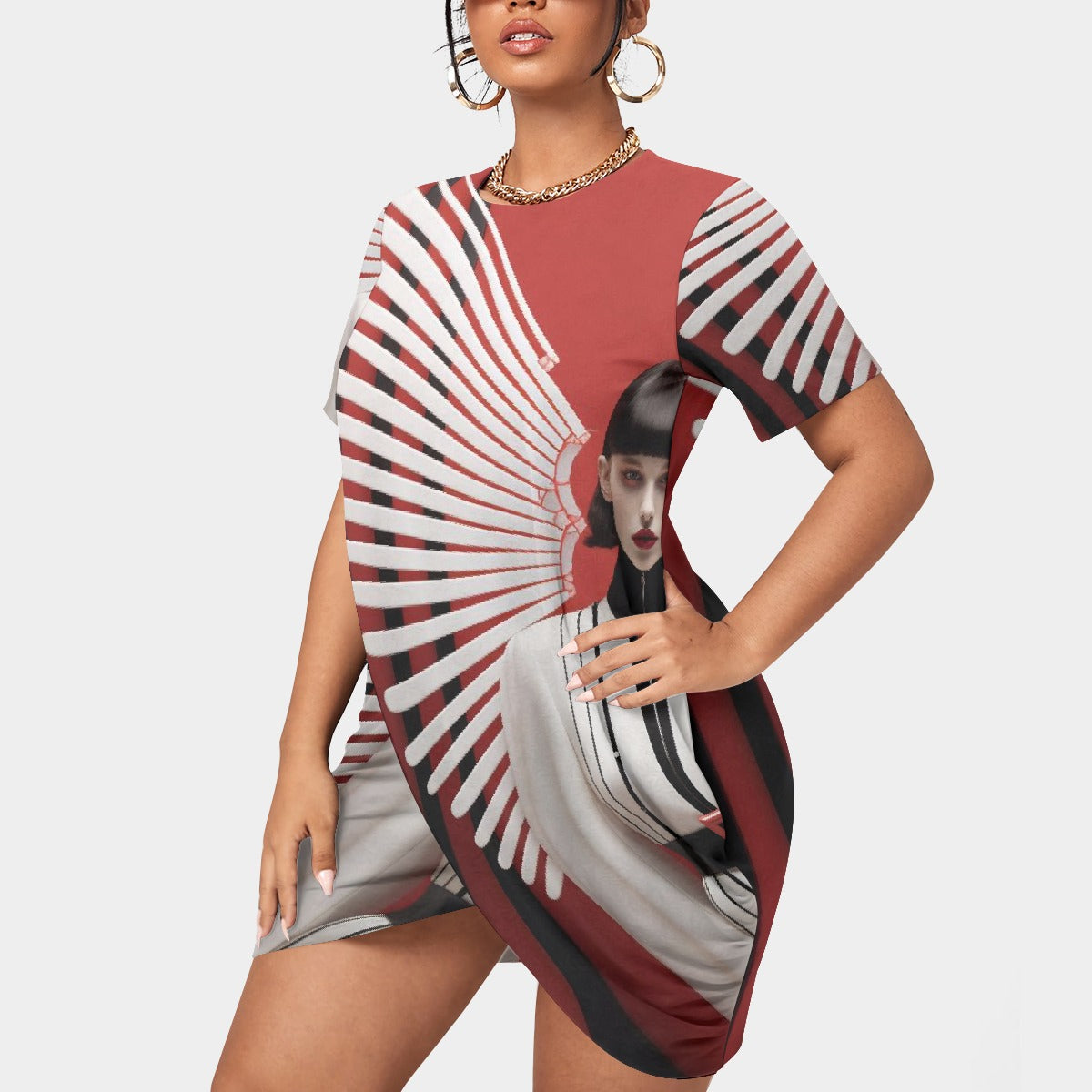 All-Over Print Women’s Stacked Hem Dress With Short Sleeve（Plus Size）