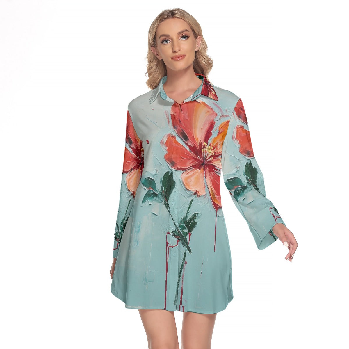 All-Over Print Women's Lapel Shirt Dress With Long Sleeve