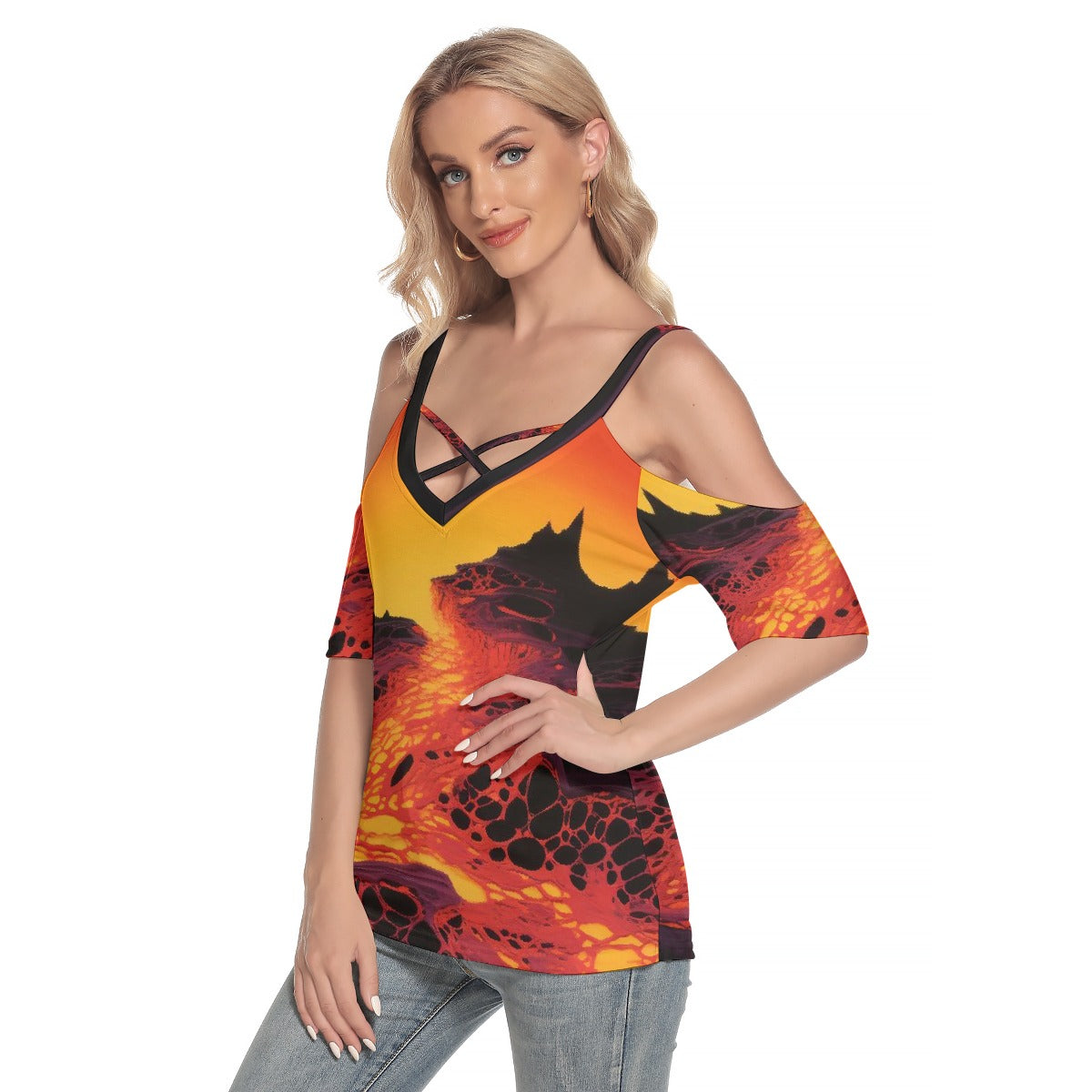 All-Over Print Women's Cold Shoulder T-shirt With Criss Cross Strips