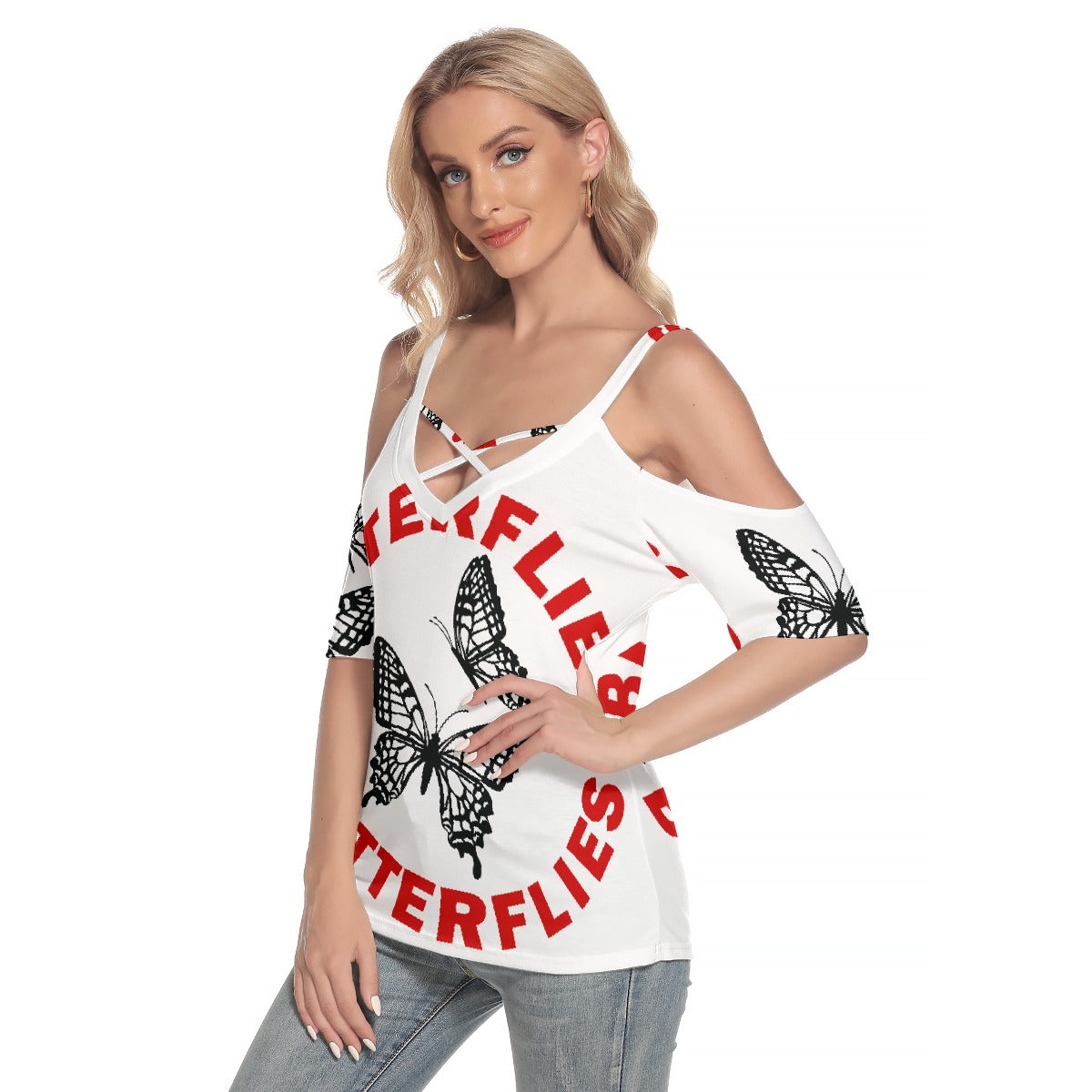 All-Over Print Women's Cold Shoulder T-shirt With Criss Cross Strips