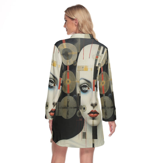 All-Over Print Women's Lapel Shirt Dress With Long Sleeve