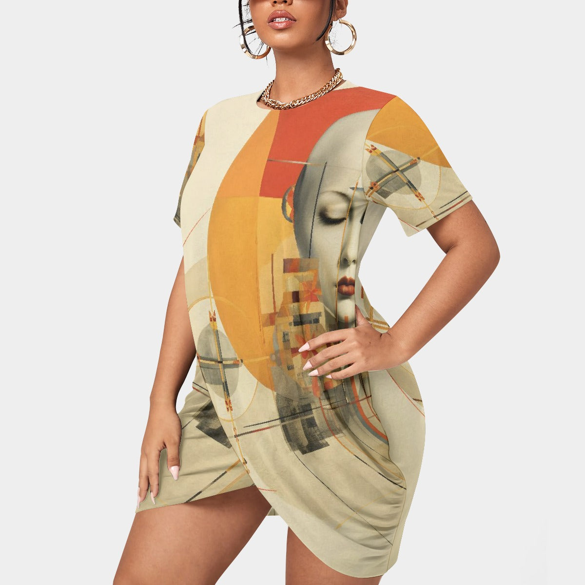 All-Over Print Women’s Stacked Hem Dress With Short Sleeve（Plus Size）