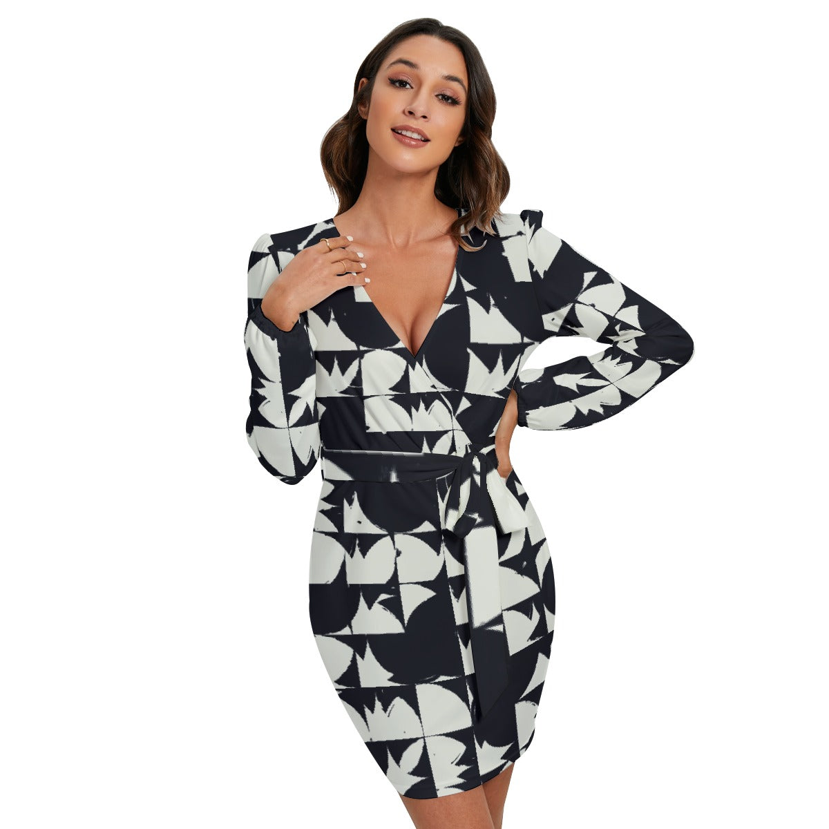 All-Over Print Women's Long Sleeve Dress With Waist Belt