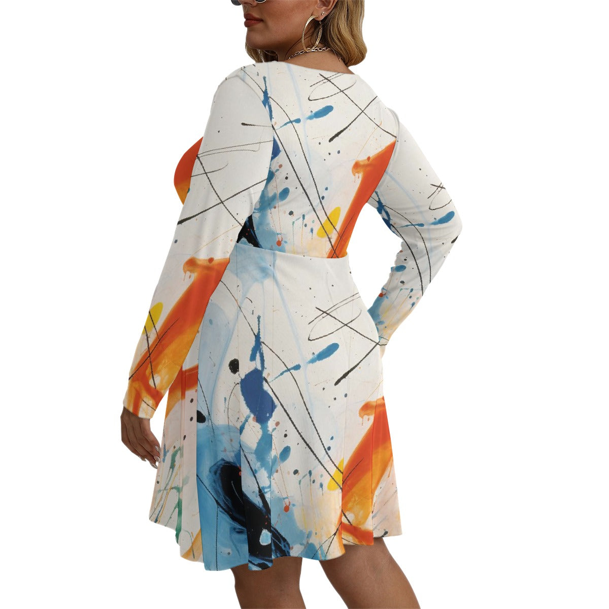 All-Over Print Women's V-neck Long Sleeve Dress(Plus Size)