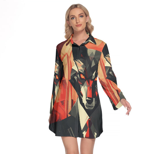 All-Over Print Women's Lapel Shirt Dress With Long Sleeve