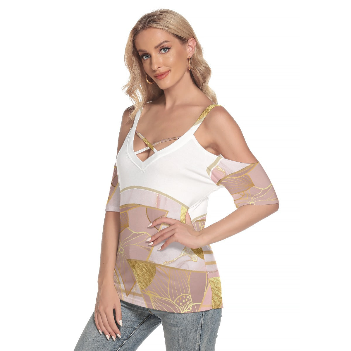 All-Over Print Women's Cold Shoulder T-shirt With Criss Cross Strips