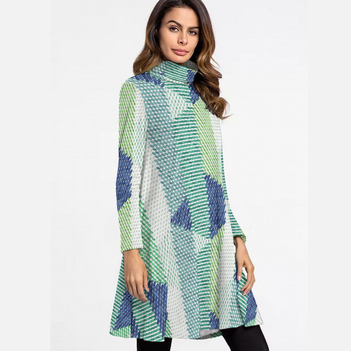 All-Over Print Women's High Neck Dress With Long Sleeve