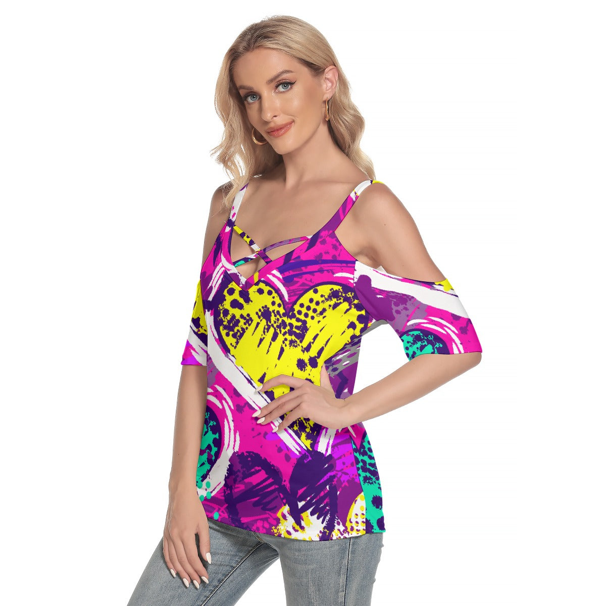 All-Over Print Women's Cold Shoulder T-shirt With Criss Cross Strips