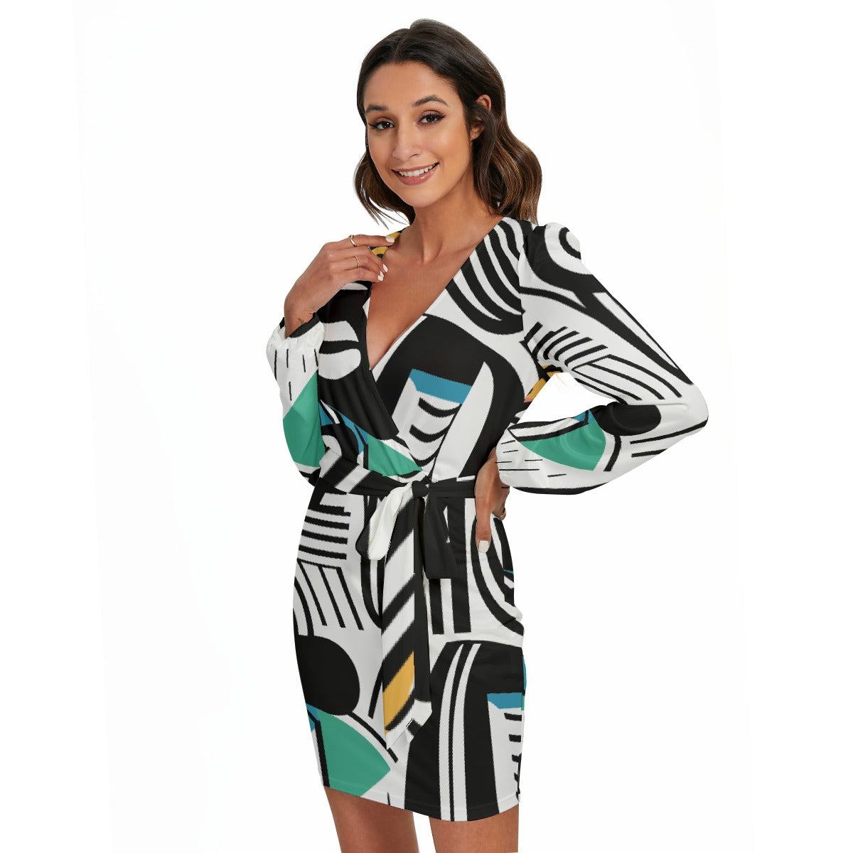 All-Over Print Women's Long Sleeve Dress With Waist Belt