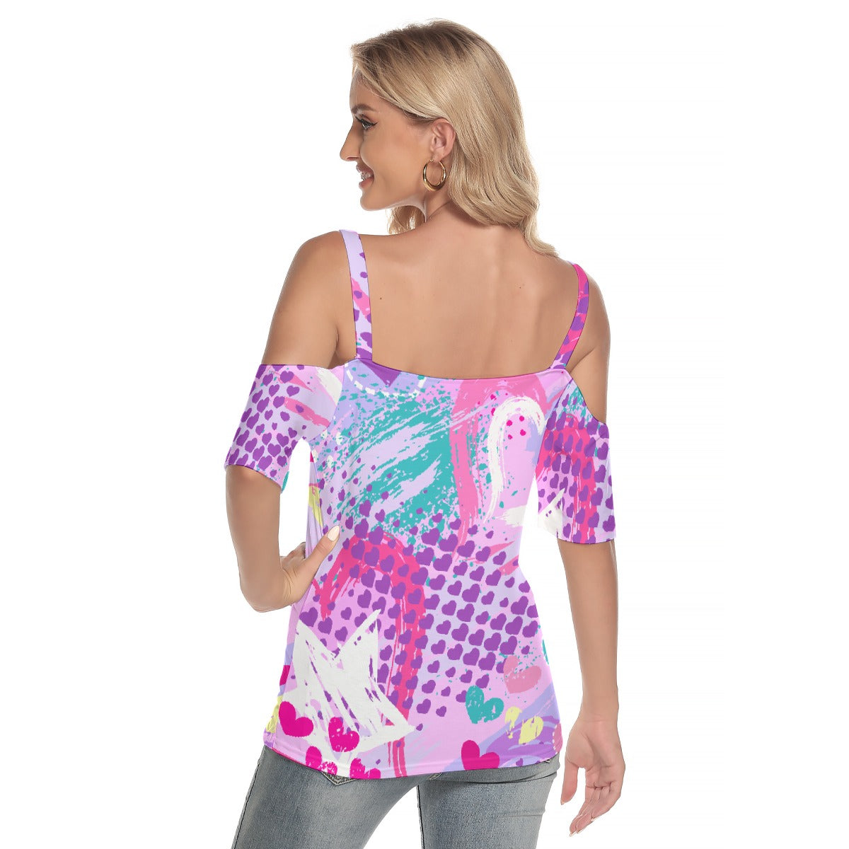 All-Over Print Women's Cold Shoulder T-shirt With Criss Cross Strips