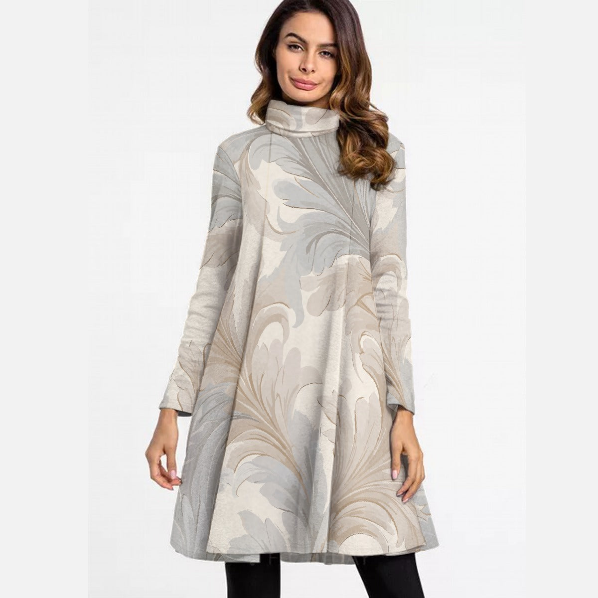 All-Over Print Women's High Neck Dress With Long Sleeve