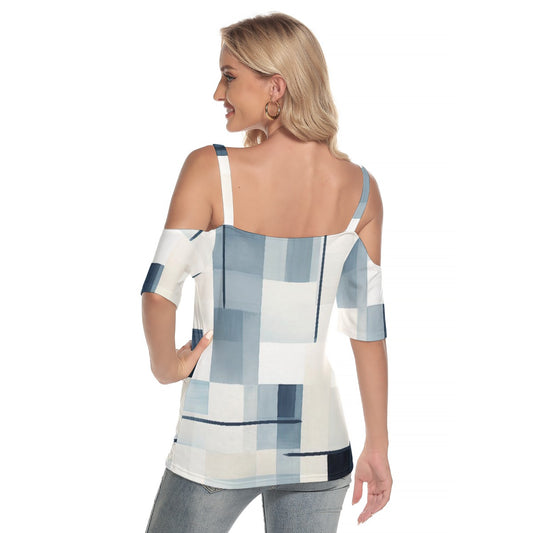 All-Over Print Women's Cold Shoulder T-shirt With Criss Cross Strips