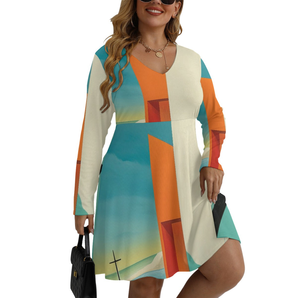 All-Over Print Women's V-neck Long Sleeve Dress(Plus Size)