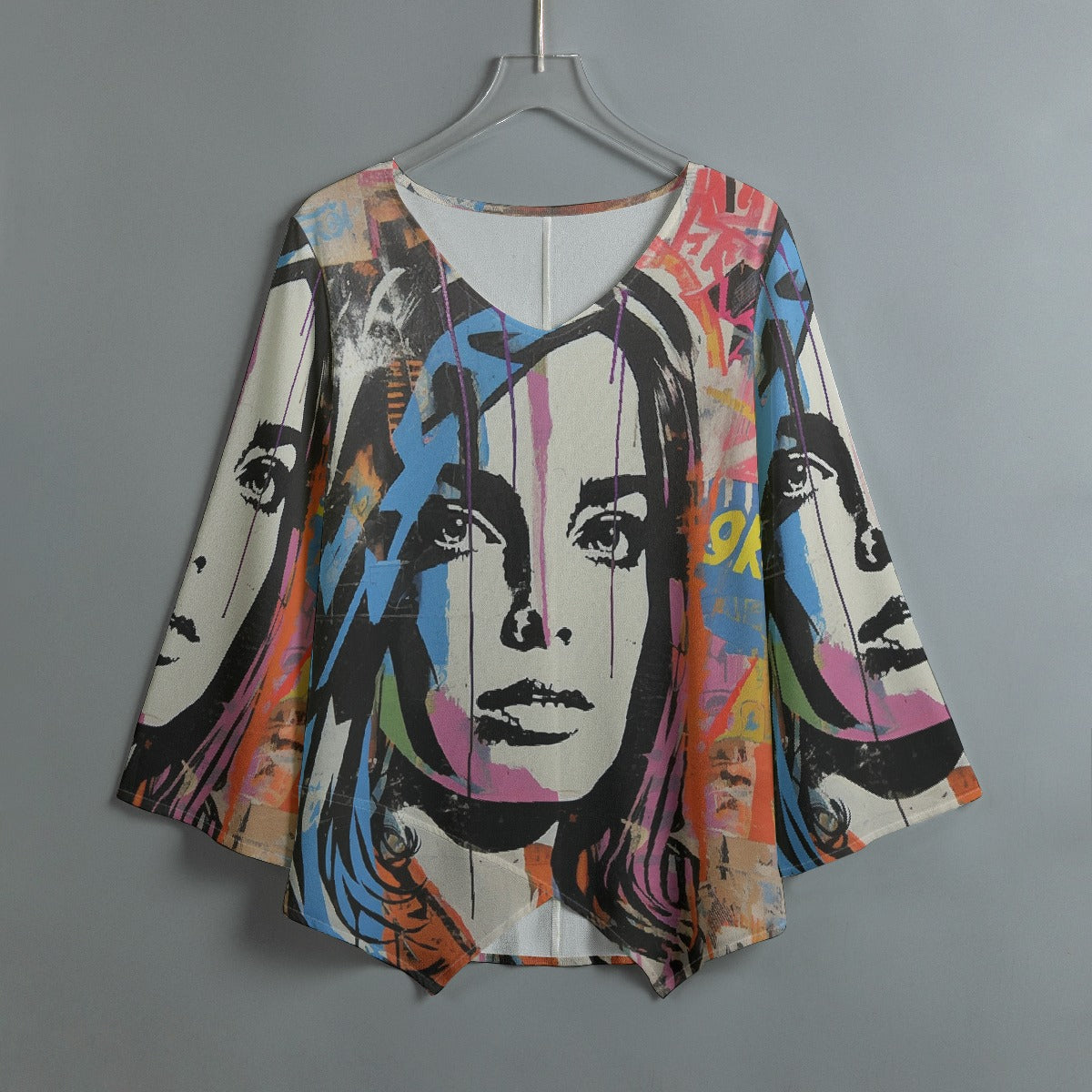 All-Over Print Women's V-neck T-shirt With Irregular Hem