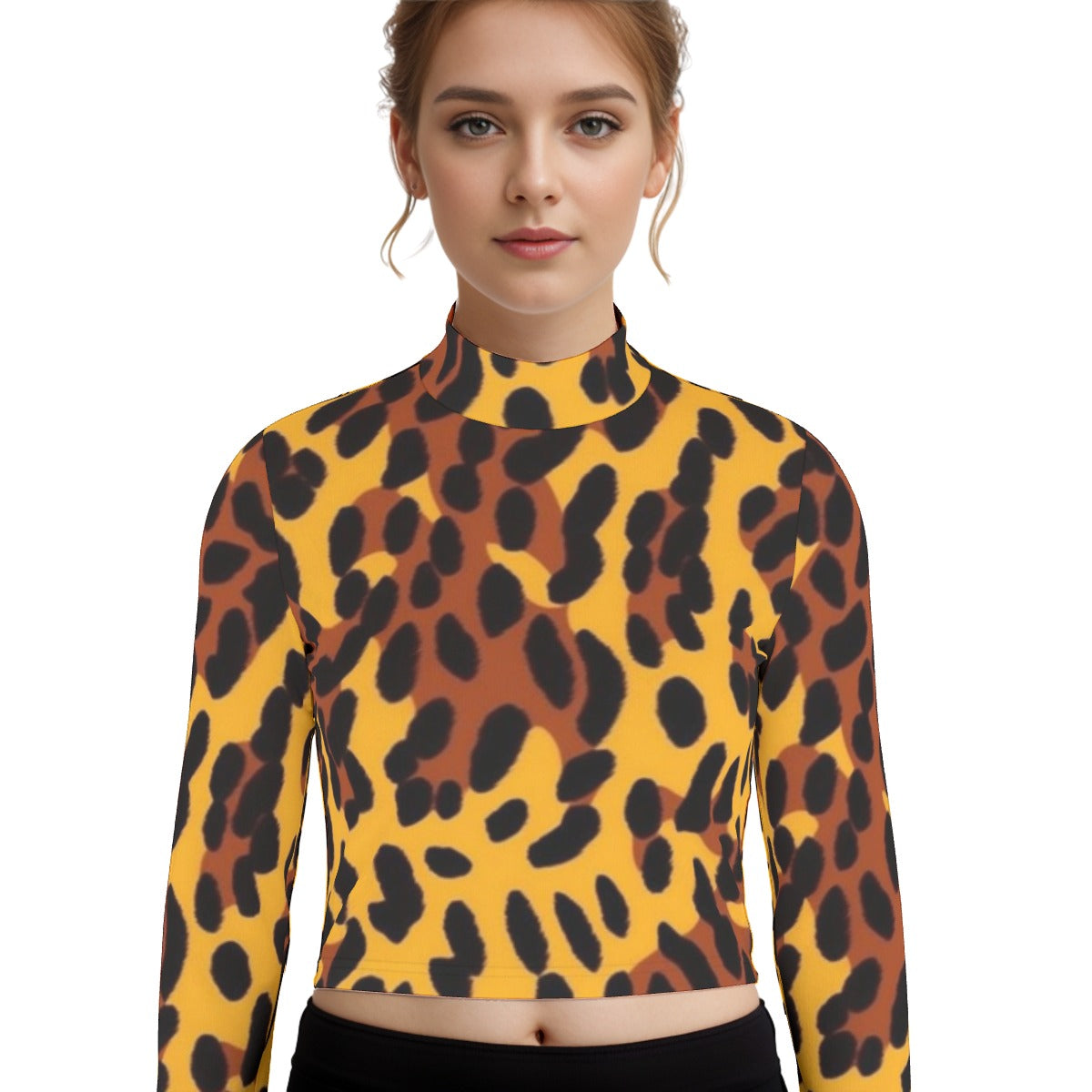 Eco-Friendly All-Over Print Women's Turtleneck T-shirt With Long Sleeve