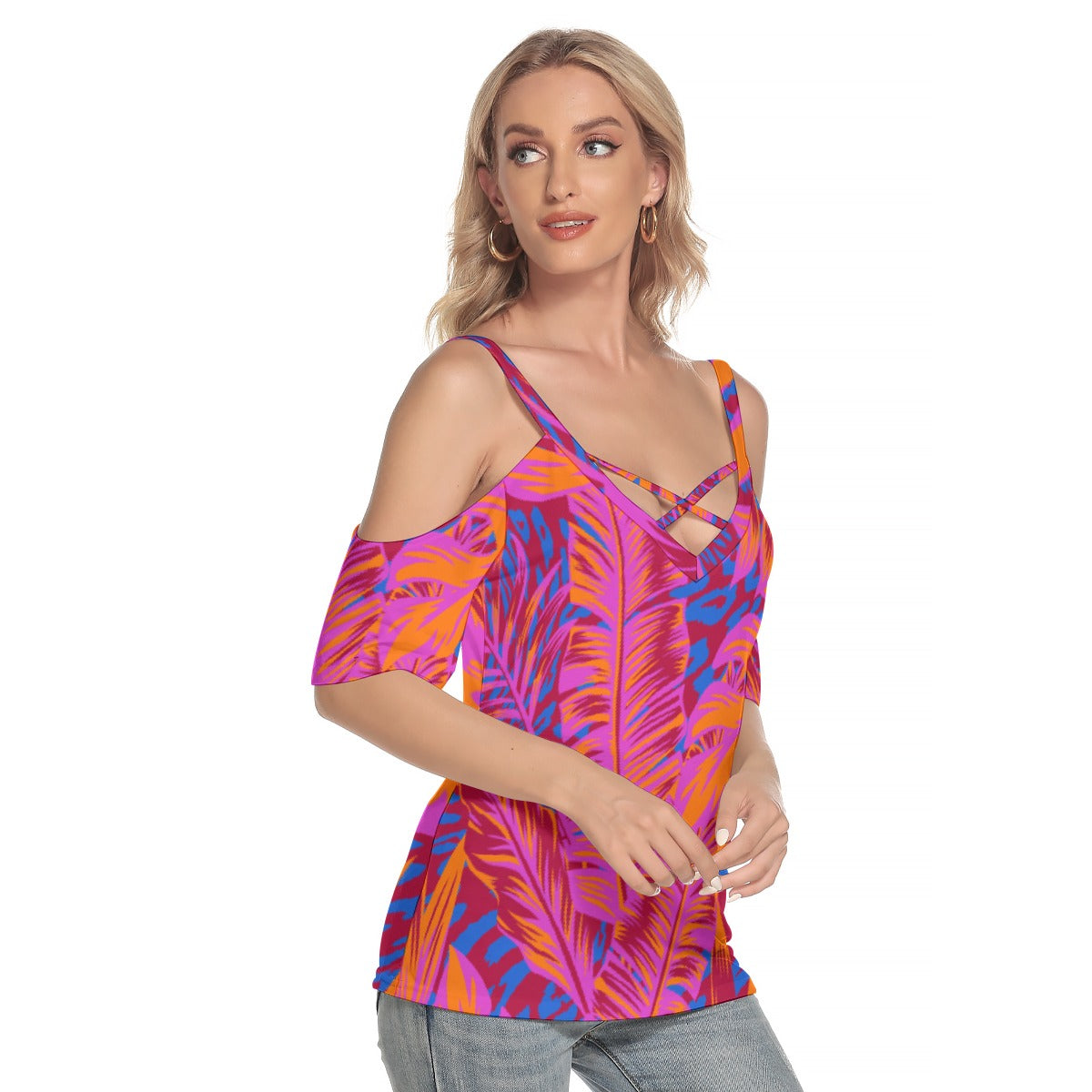 All-Over Print Women's Cold Shoulder T-shirt With Criss Cross Strips