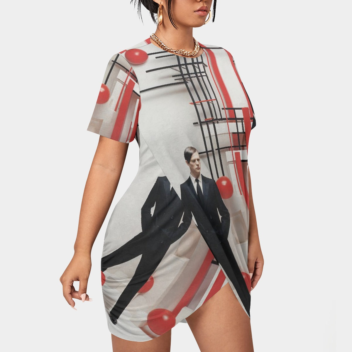 All-Over Print Women’s Stacked Hem Dress With Short Sleeve（Plus Size）