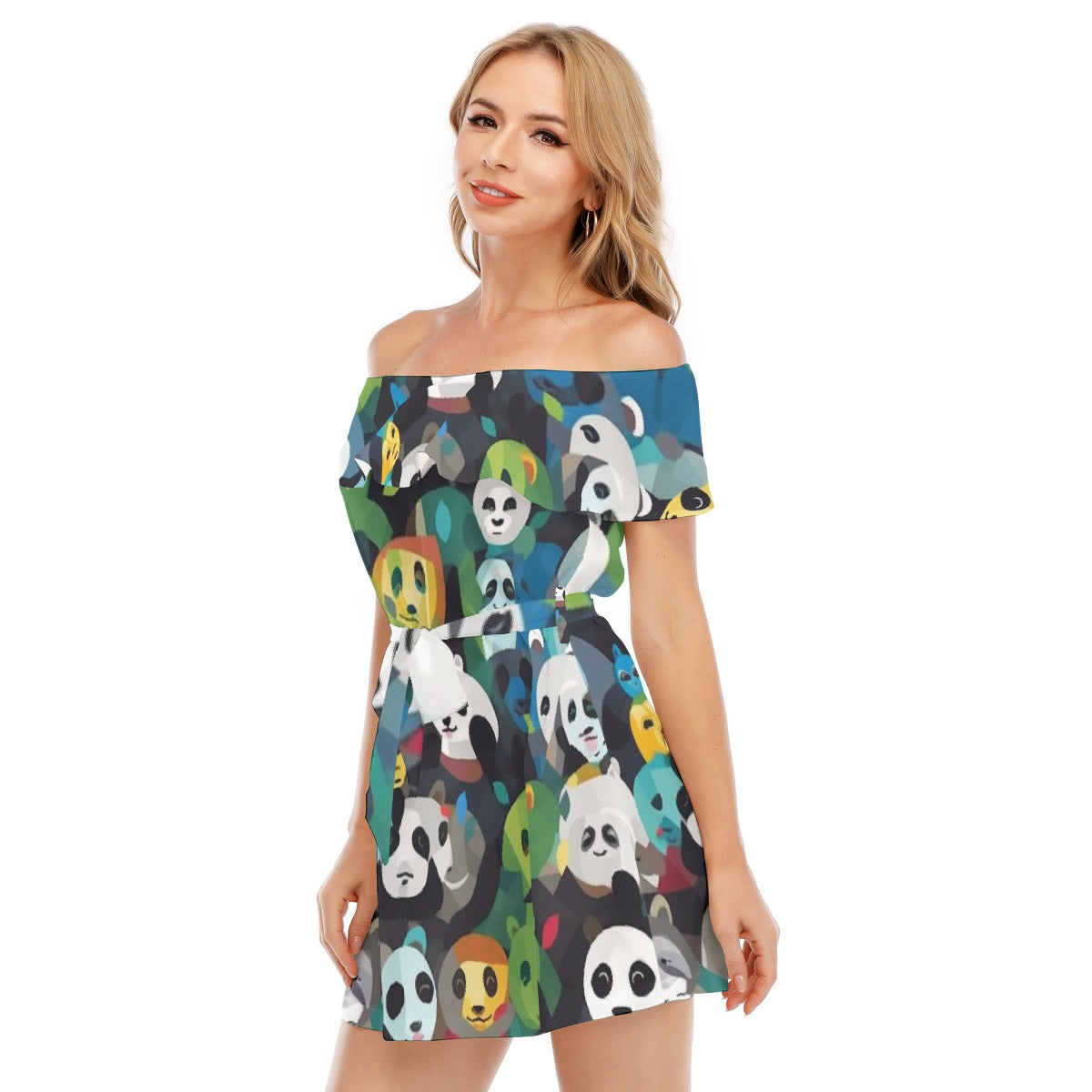 All-Over Print Women's Off-shoulder Dress With Ruffle