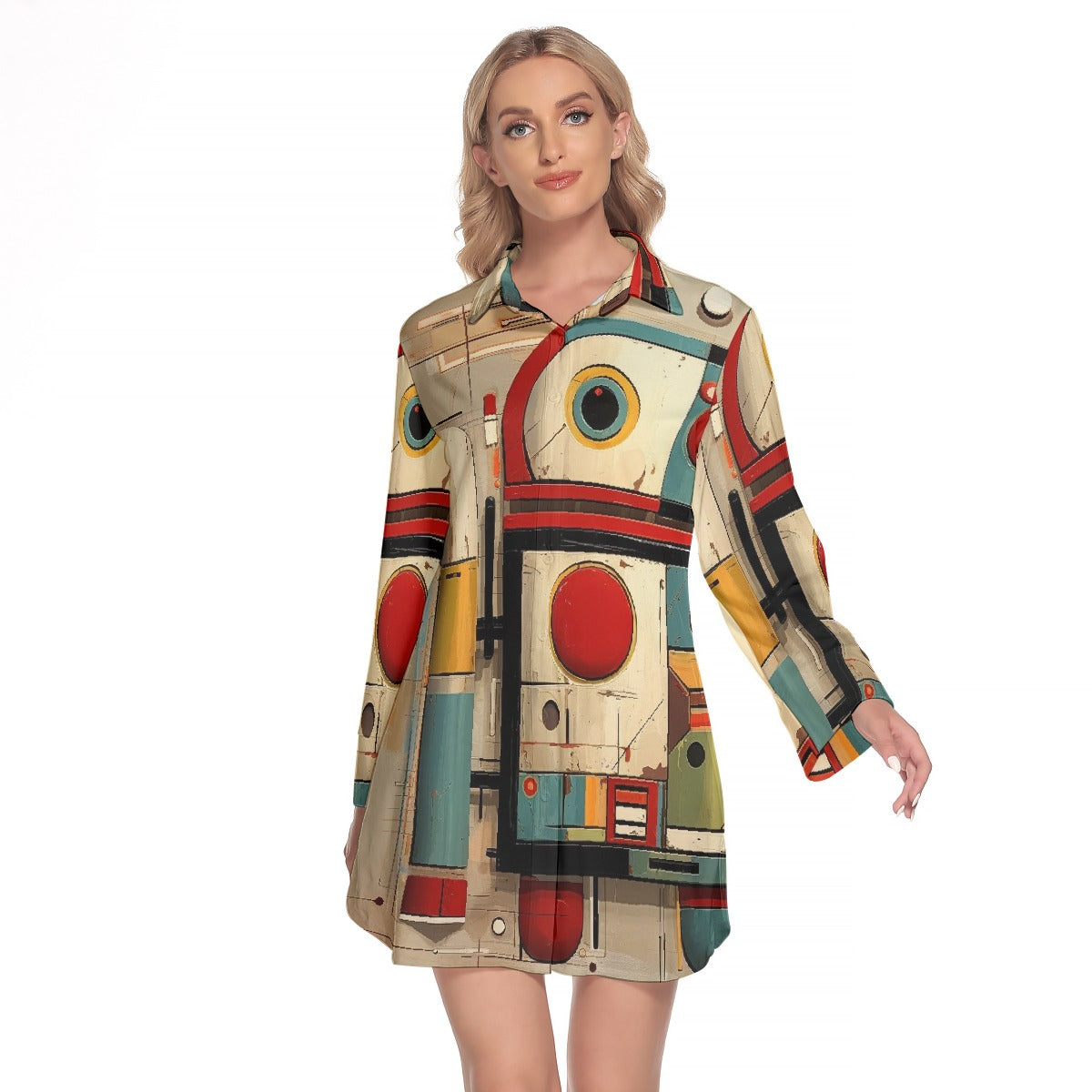 All-Over Print Women's Lapel Shirt Dress With Long Sleeve