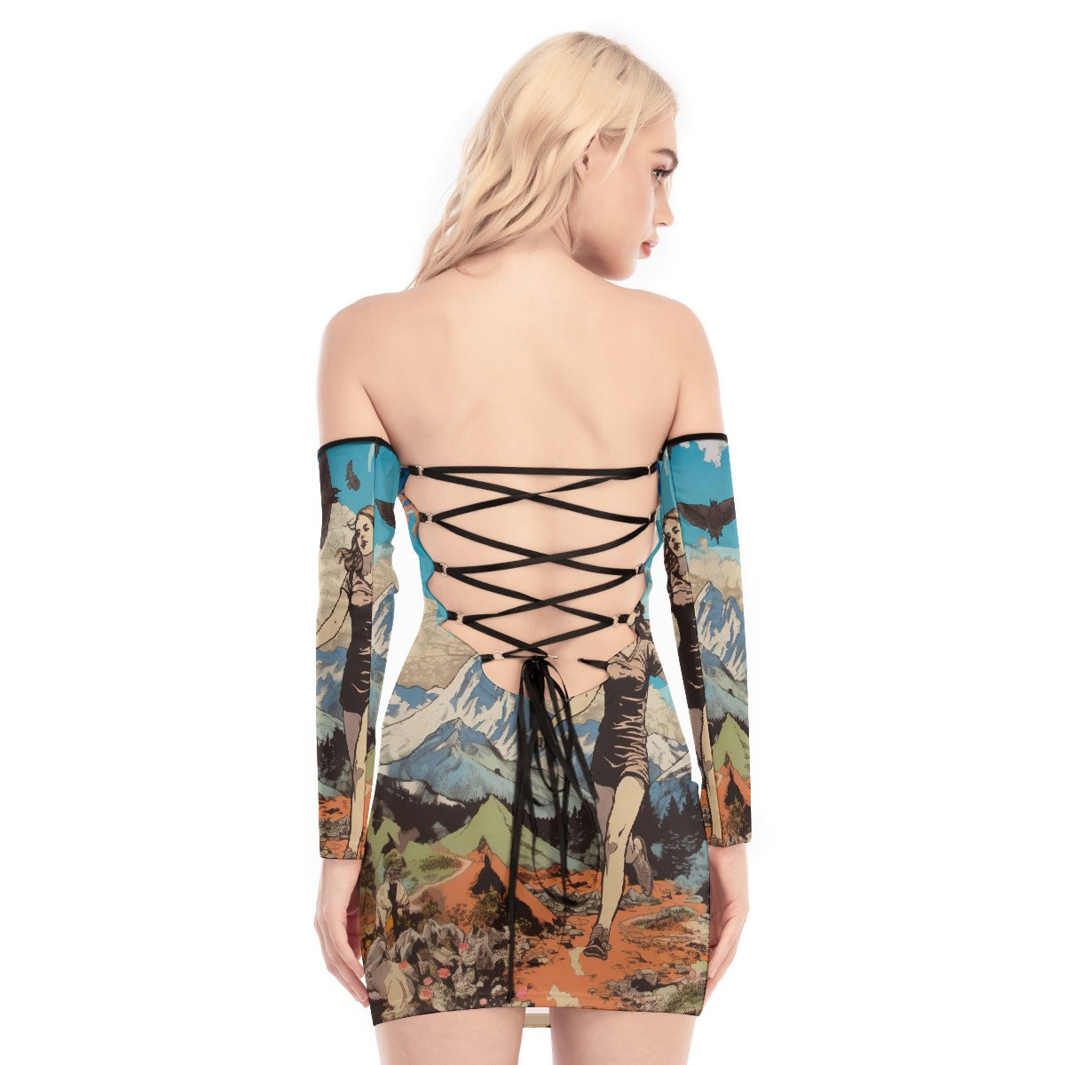 All-Over Print Women's Off-shoulder Back Lace-up Dress