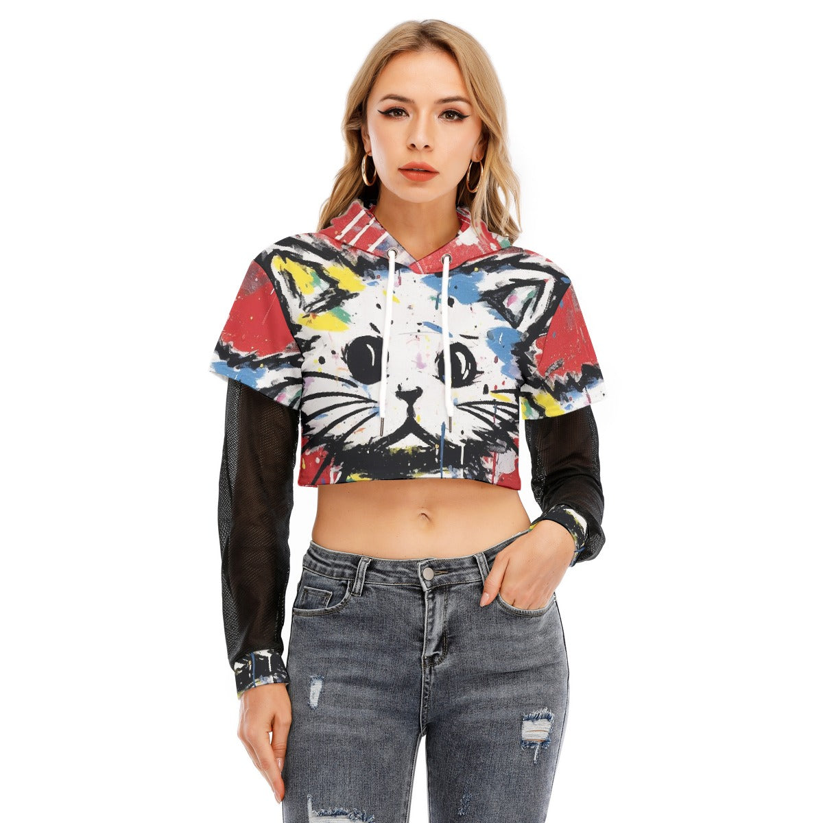 All-Over Print Women's Fake Two-piece Mesh Sleeve Cropped Hoodie