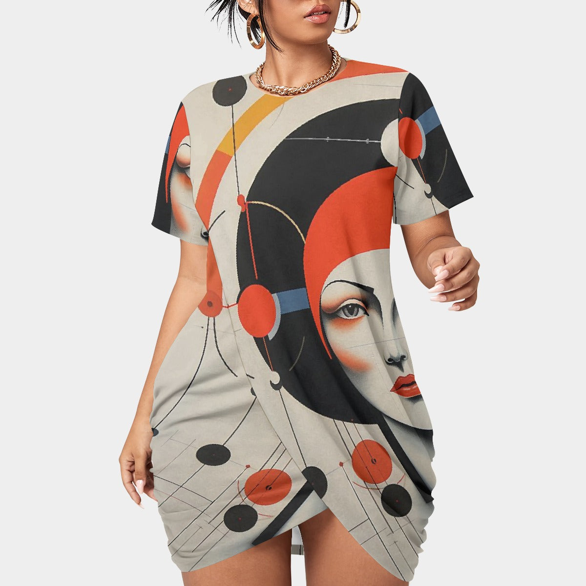 All-Over Print Women’s Stacked Hem Dress With Short Sleeve（Plus Size）