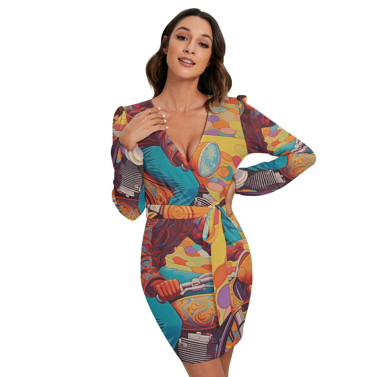 All-Over Print Women's Long Sleeve Dress With Waist Belt