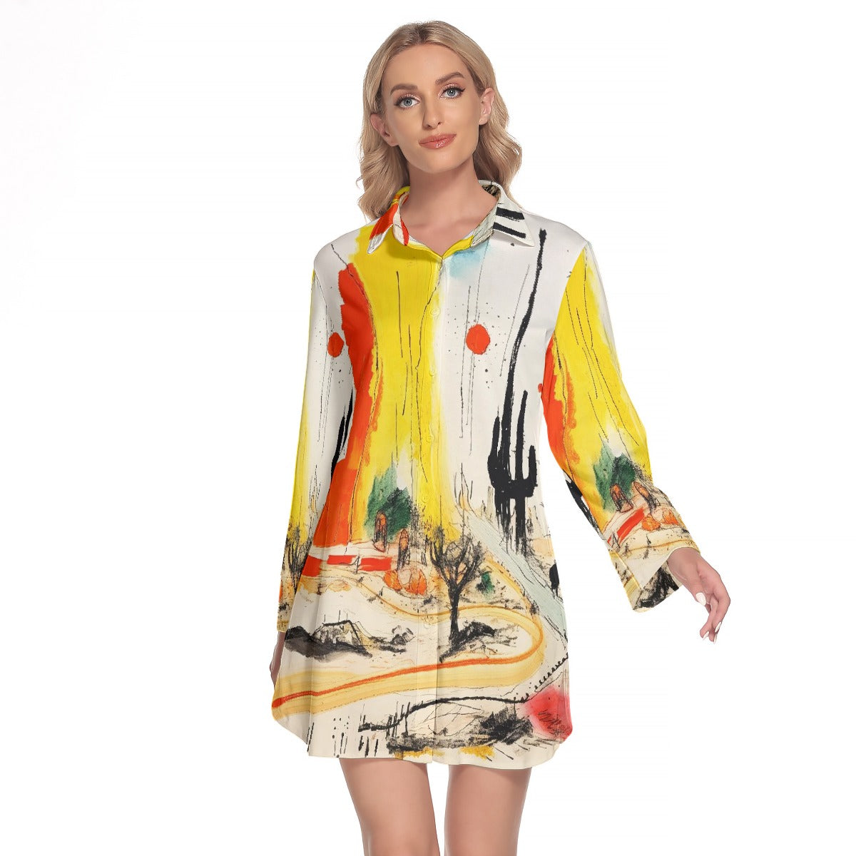 All-Over Print Women's Lapel Shirt Dress With Long Sleeve