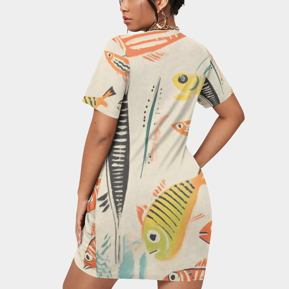 All-Over Print Women’s Stacked Hem Dress With Short Sleeve（Plus Size）