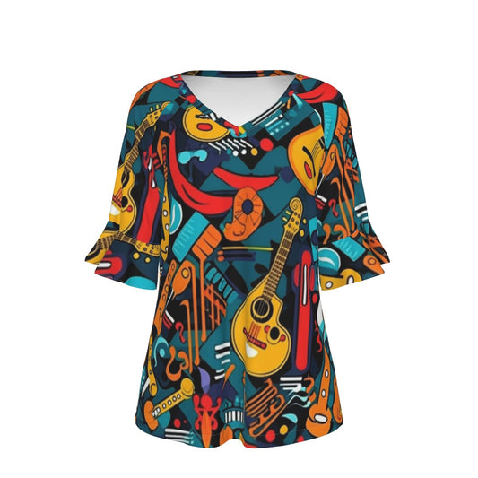 All-Over Print V-neck Women's T-shirt With Bell Sleeve