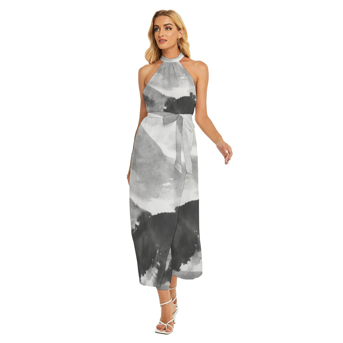 All-Over Print Women's Wrap Hem Belted Halter Dress