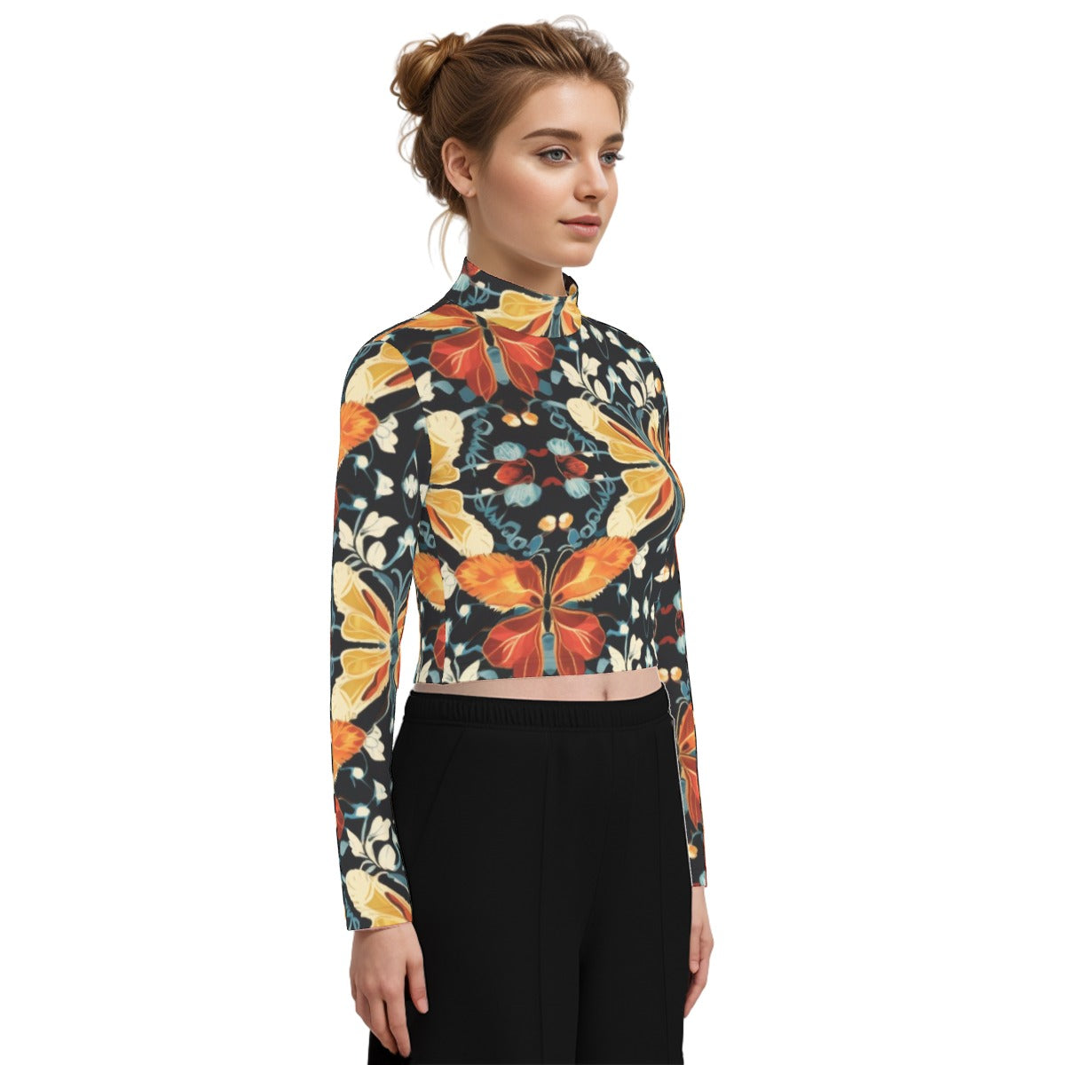 Eco-Friendly All-Over Print Women's Turtleneck T-shirt With Long Sleeve