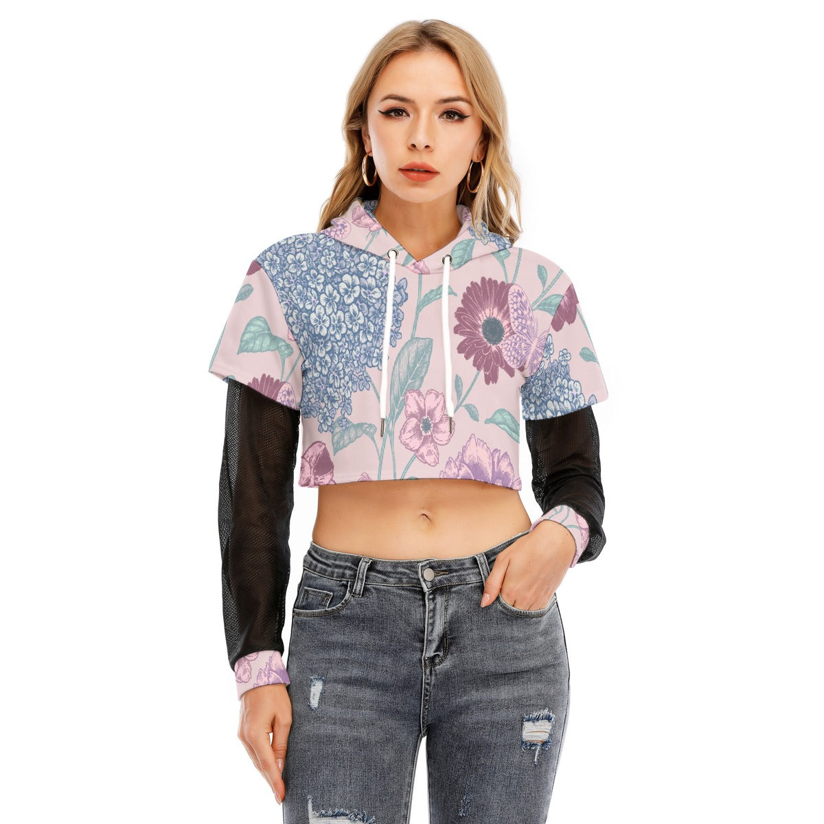 All-Over Print Women's Fake Two-piece Mesh Sleeve Cropped Hoodie