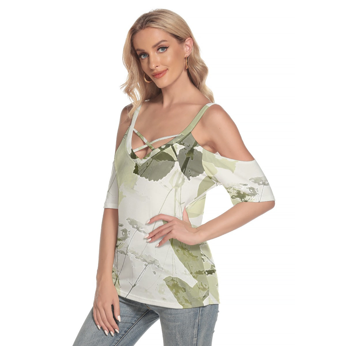 All-Over Print Women's Cold Shoulder T-shirt With Criss Cross Strips