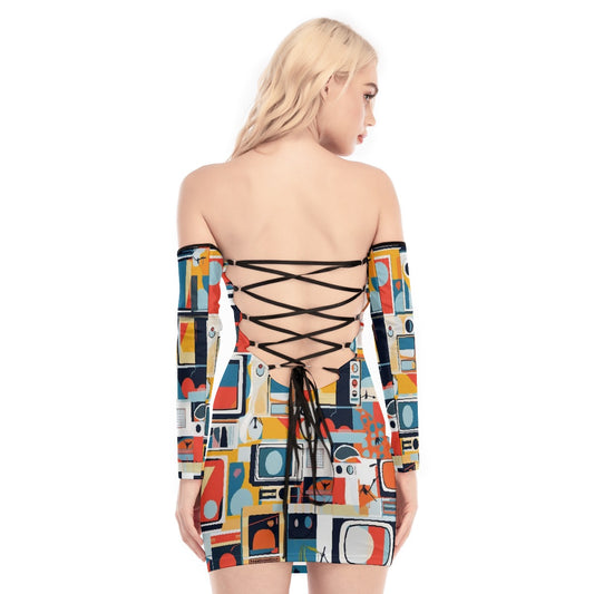 All-Over Print Women's Off-shoulder Back Lace-up Dress