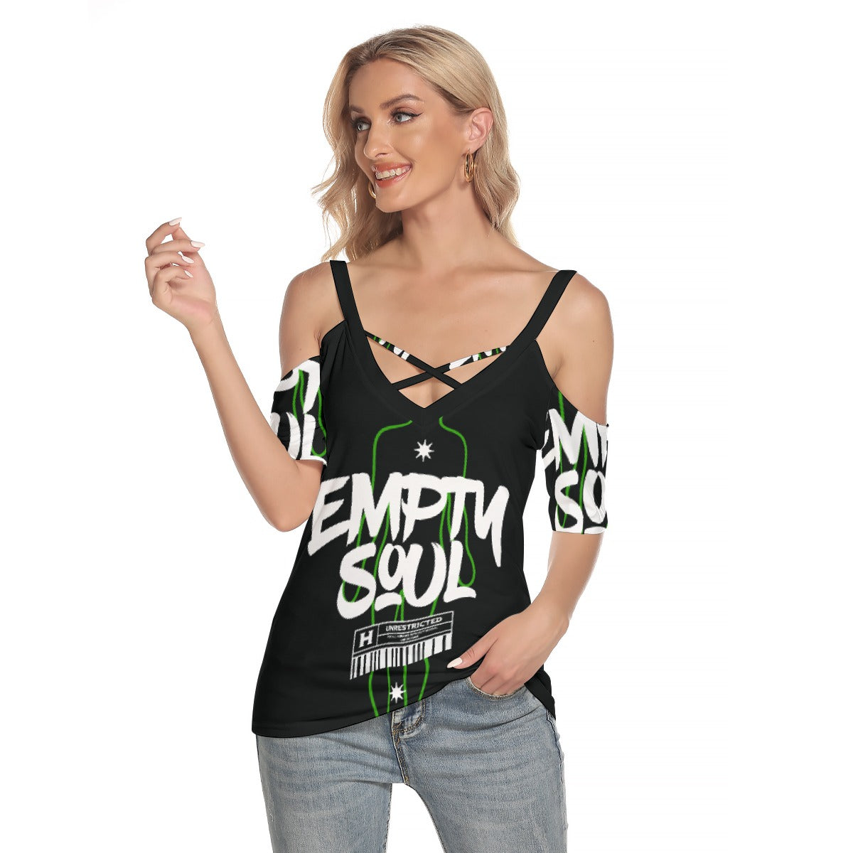 All-Over Print Women's Cold Shoulder T-shirt With Criss Cross Strips