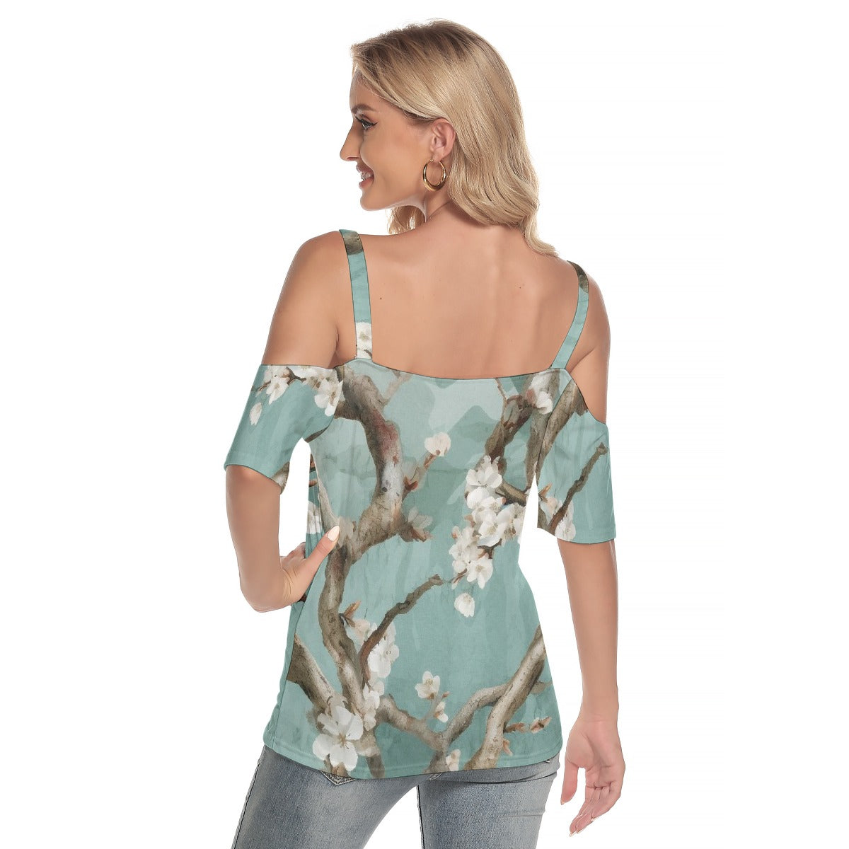 All-Over Print Women's Cold Shoulder T-shirt With Criss Cross Strips