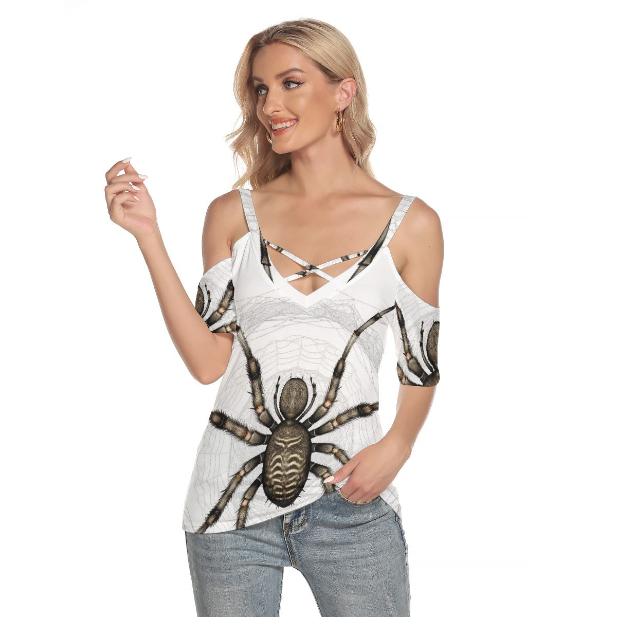 All-Over Print Women's Cold Shoulder T-shirt With Criss Cross Strips