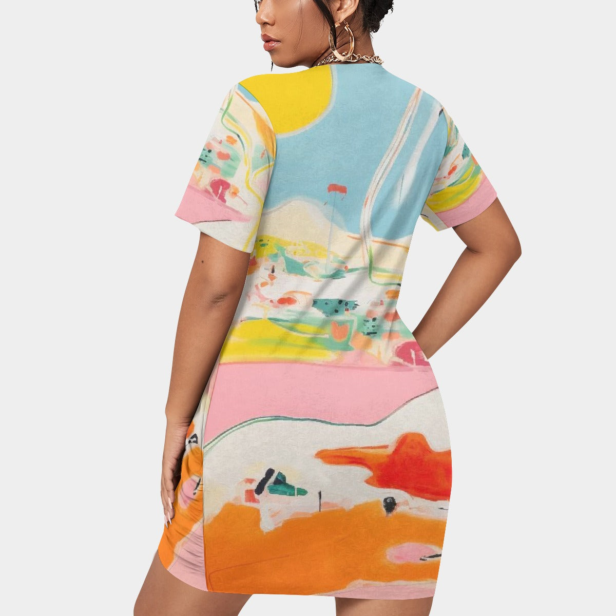 All-Over Print Women’s Stacked Hem Dress With Short Sleeve（Plus Size）