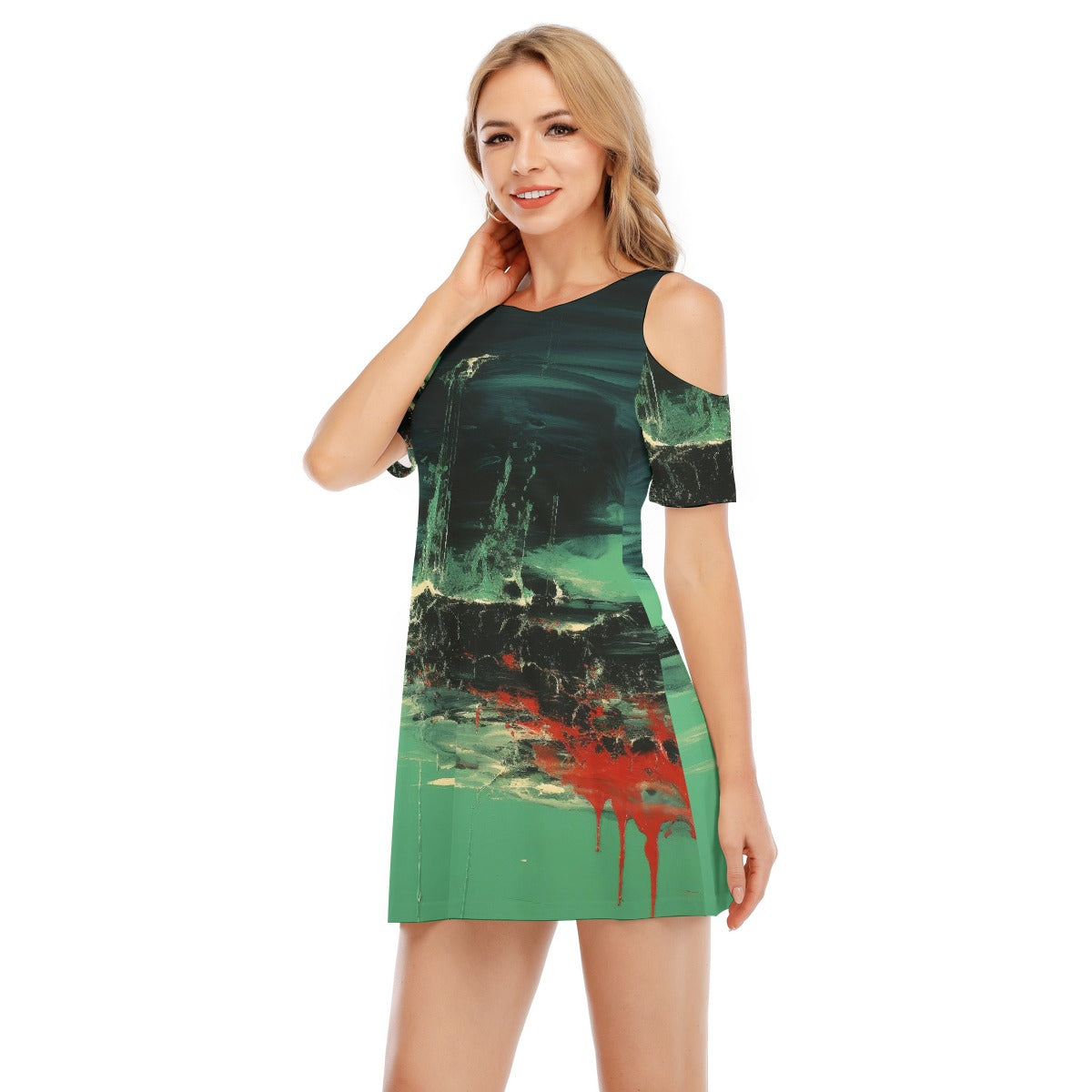 All-Over Print Women's Cold Shoulder Dress | 190GSM Cotton