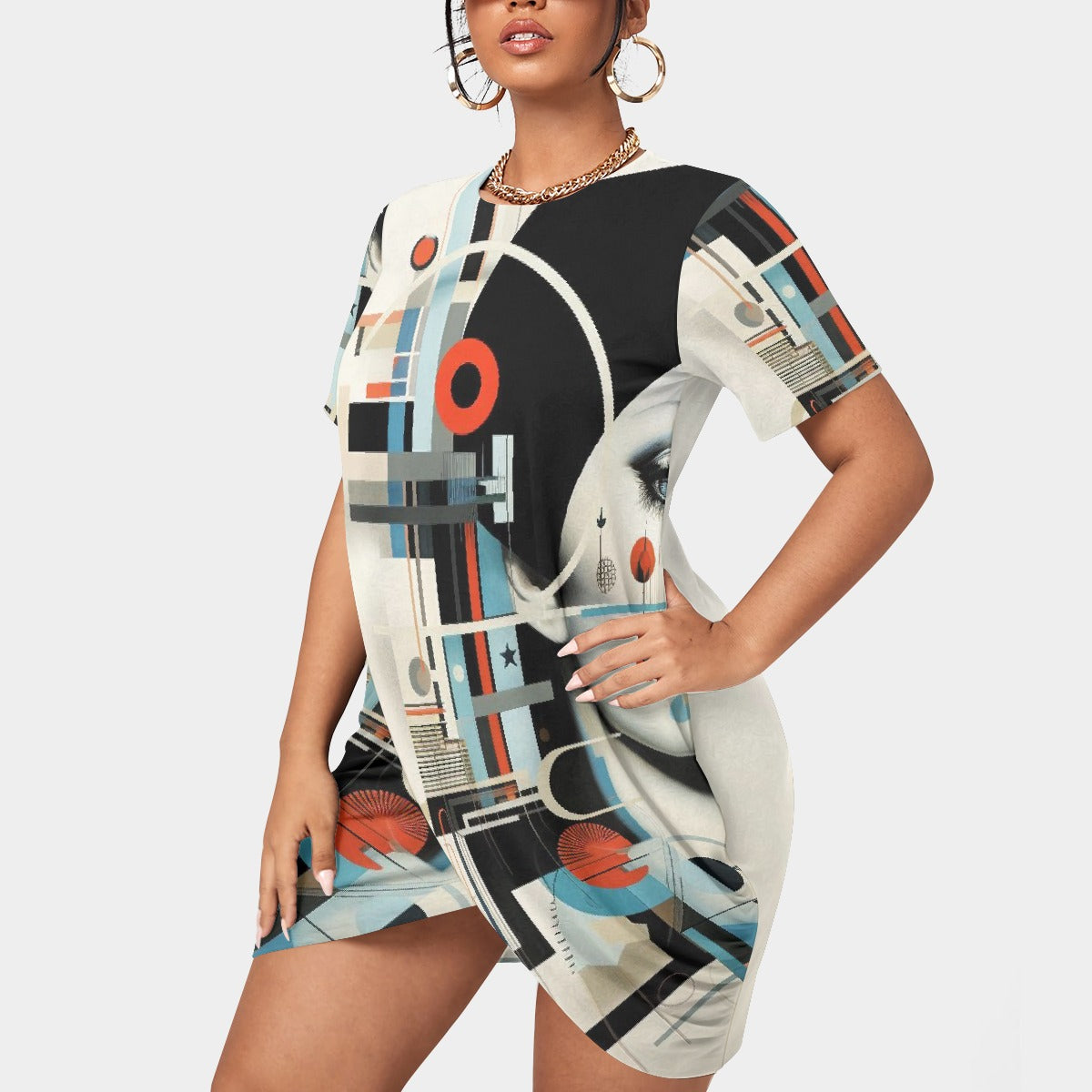 All-Over Print Women’s Stacked Hem Dress With Short Sleeve（Plus Size）