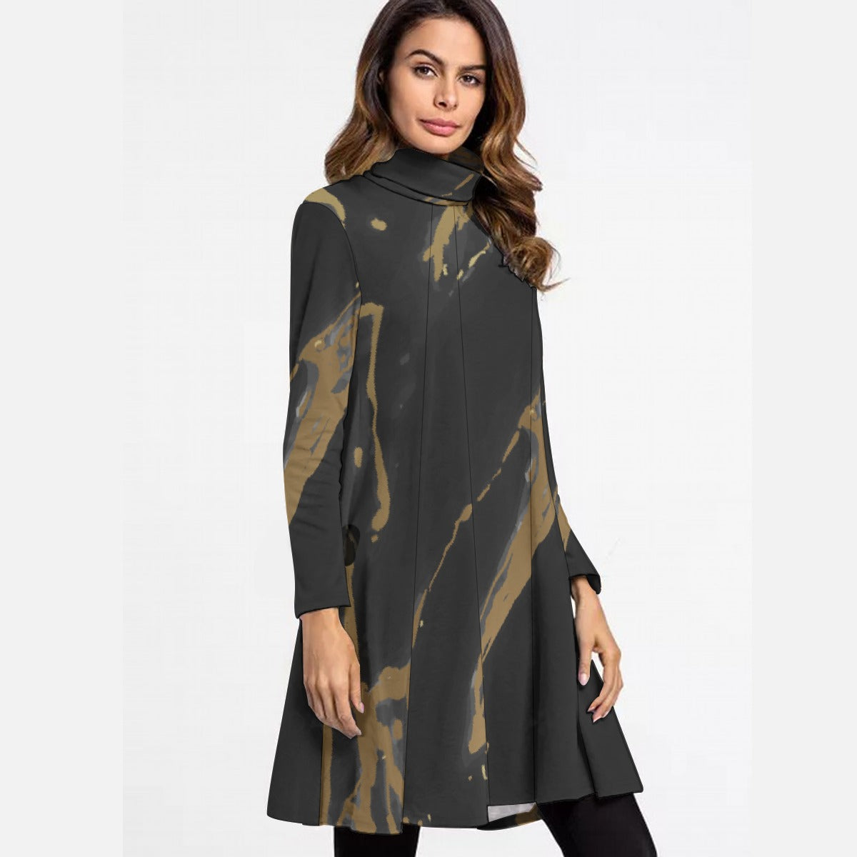 All-Over Print Women's High Neck Dress With Long Sleeve