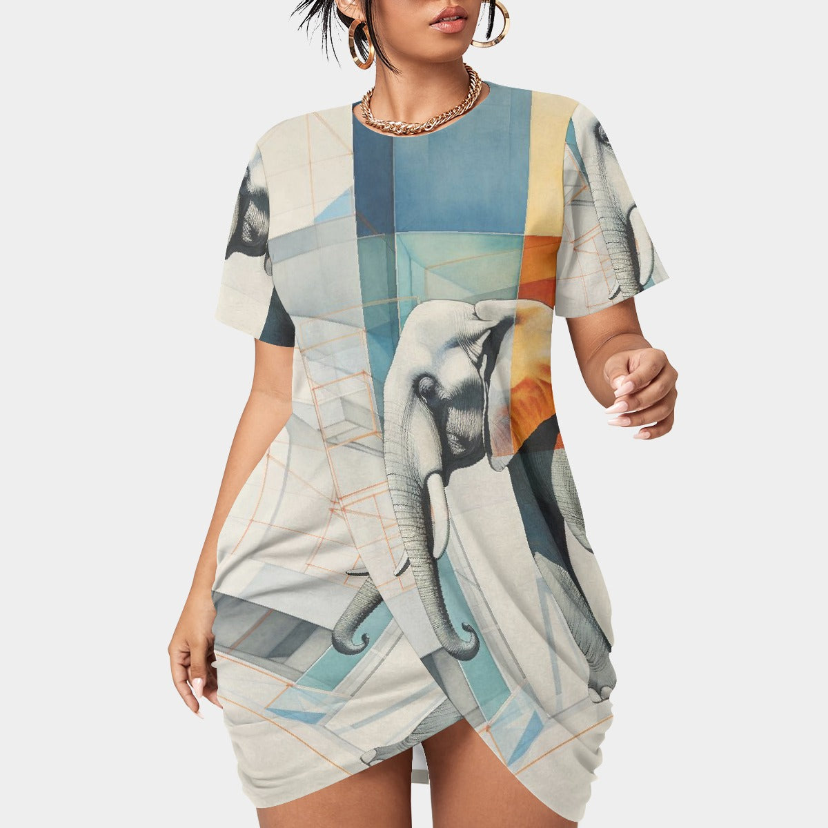 All-Over Print Women’s Stacked Hem Dress With Short Sleeve（Plus Size）