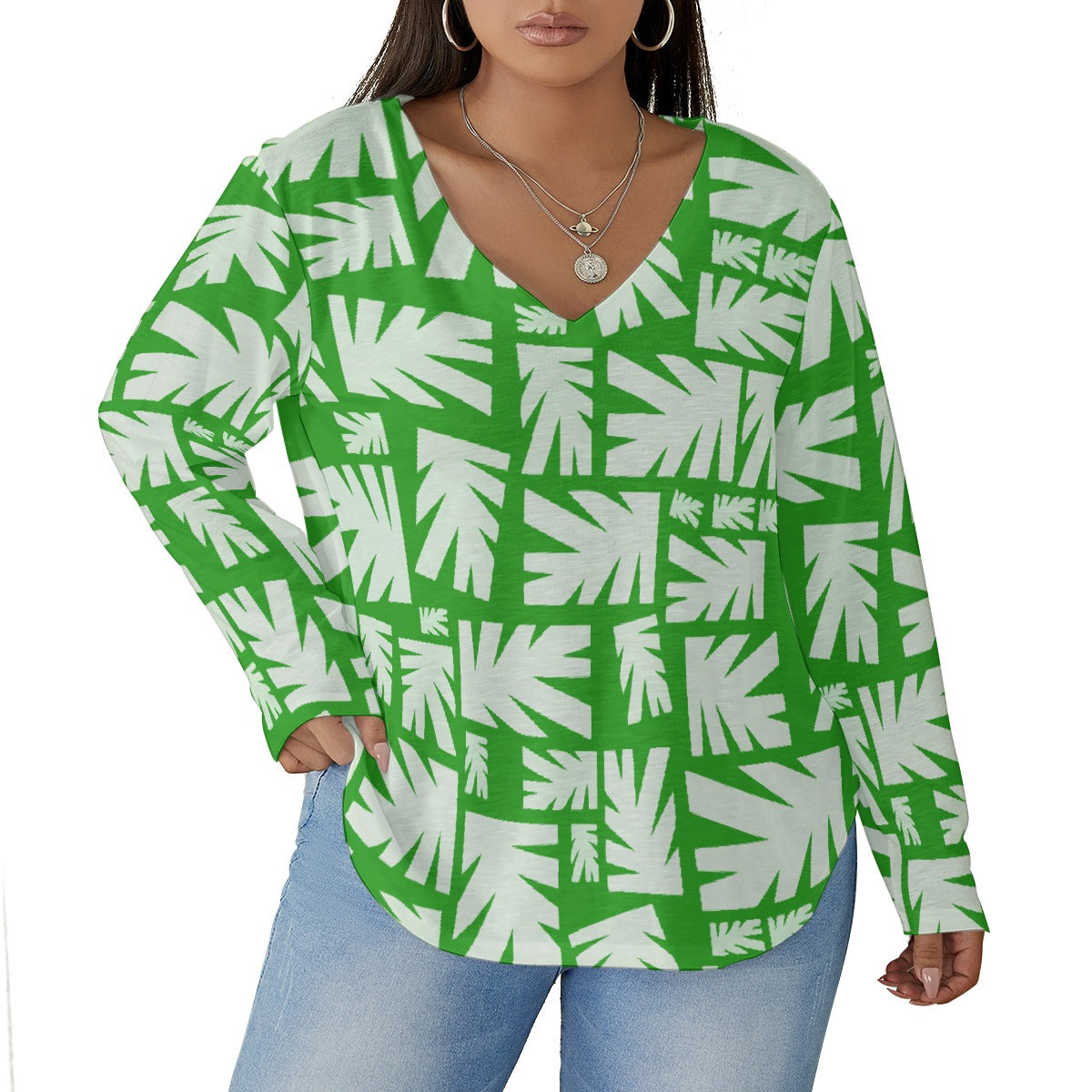 All-Over Print Women's V-neck T-shirt With Curved Hem(Plus Size)