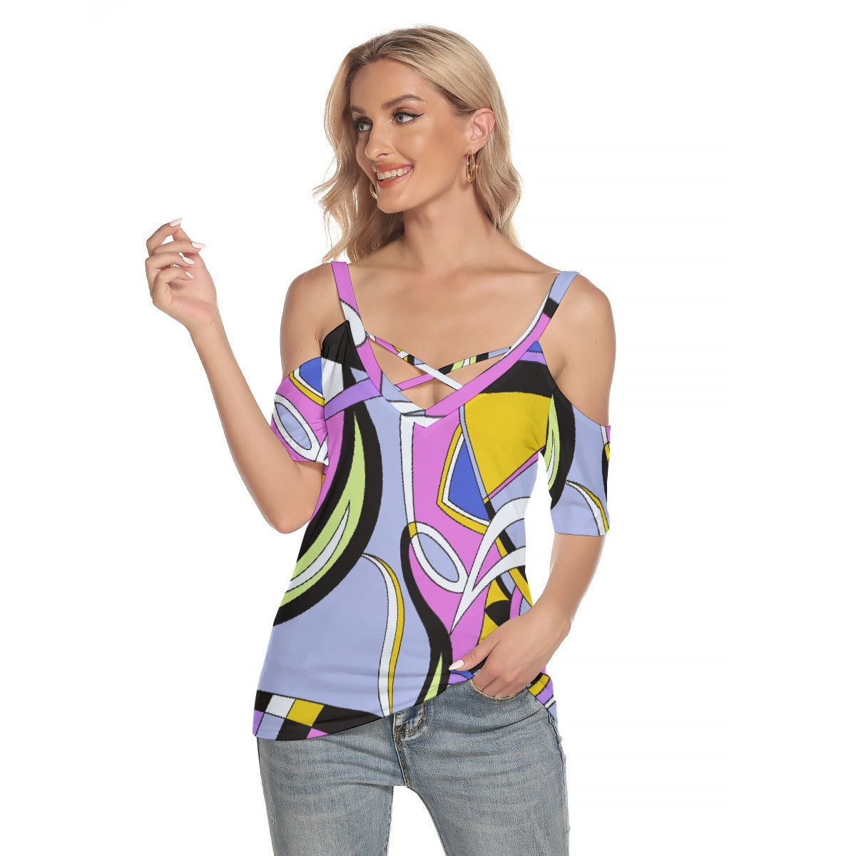 All-Over Print Women's Cold Shoulder T-shirt With Criss Cross Strips