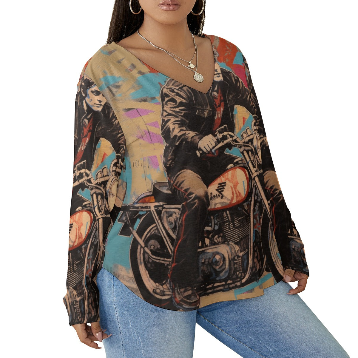 All-Over Print Women's V-neck T-shirt With Curved Hem(Plus Size)